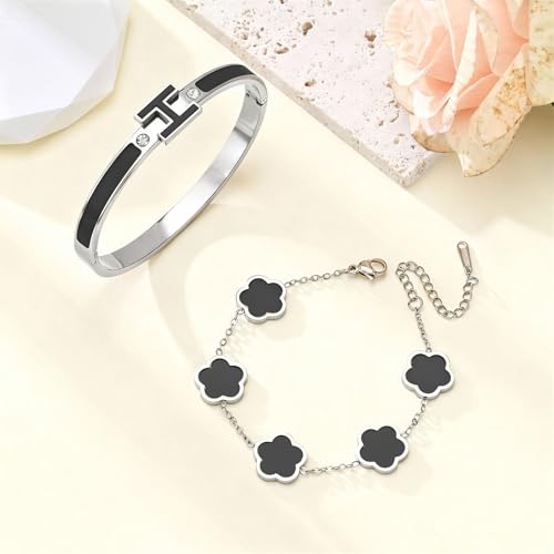H Bangle & Clover Bracelet for Women - Stainless Steel Fashion Jewelry - 18K Gold Plated H Bangle and Lucky Five Leaf Clover Bracelet - Elegant Bracelets Set - Gift for Women - color: Silver-Black Set