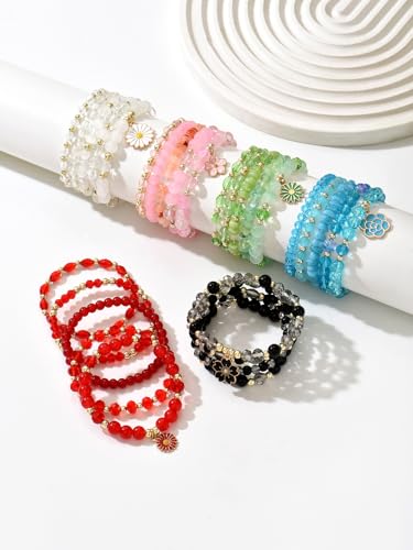 LOTSOF Boho Flower Beaded Bracelet Set for Women - Multilayer Crystal & Flower Charm Stackable Bracelets, Fashion Jewelry Gift for Her - color: White