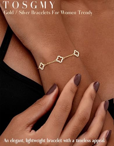Dainty Silver Gold Bracelets for Women Trendy Non Tarnish 14K Gold Plated Cute Clover Bracelet Stackable Daisy Cubic Zirconia Diamond Charm Bracelet Stack Waterproof Jewelry Gifts - color: B- CZ Clover Bracelet- Gold