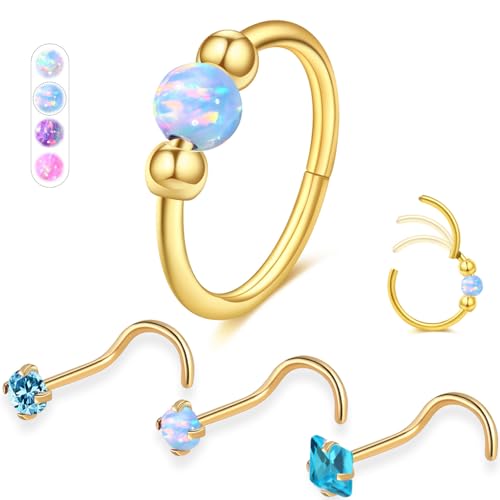 Opal Nose Ring Studs Horseshoe Nose Rings Hoops Stud 316L Stainless Steel Nose Rings Round CZ Square Screw L Shaped Nose Stud Hypoallergenic Nostril Piercing Jewelry for Women Men - color: Gold/Blue gem/18g 10mm hoop/Screw Studs