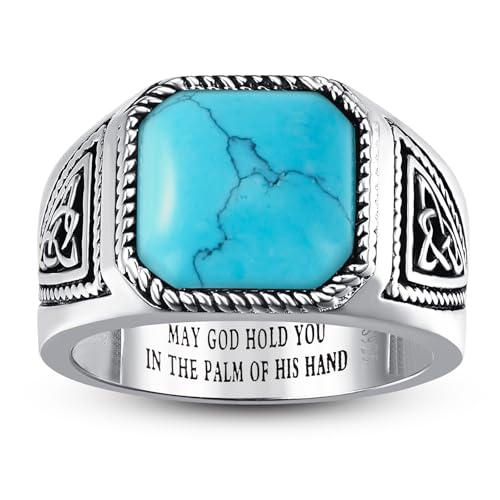 7ct Vintage Teal Turquoise|Emerald|Black Onyx Ring for Men 925 Sterling Silver Men Rings 11mm Square-Cut Mens Cocktail Rings Celtic Pattern Band for Dad Father Size 7-12 - color: Irish Celtic Knot-Genuine Turquoise