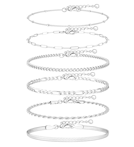 Besteel Ankle Bracelets for Women Waterproof - 14K Gold Plated Non Tarnish Layered Cuban Link Chain Rope Figaro Herringbone Anklets Set Plus Size Anklet Summer Foot Jewelry Gift Adjustable 8-12 Inch - style: 6 Pcs Silver Cuban-8.5+2.5 Inch