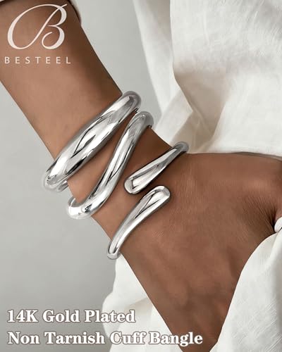Chunky Bangle Bracelets for Women, Dainty 14k Gold Plated Big Stackable Bangles Set, Trendy Statement Women's Cuff Bracelet Stack Waterproof Chunky Bracelets Jewelry Gifts