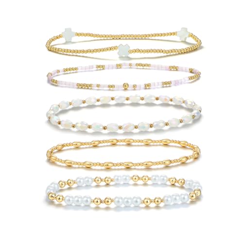 Dainty Gold Plated Pearl Crystal Beaded Bracelets Set for Women 14K Gold Plated Bead Pearl Beads Bracelet Stackable Paperclip Link Chain Bracelets Gold Plated Bracelets for Women Trendy Jewelry - color: Style4-gold bracelets set2