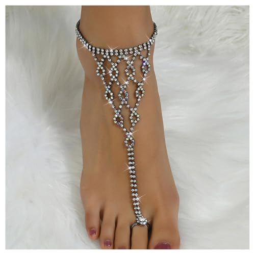 1Pair Sexy Rhinestone Foot Chain for Women,Summer Beach Rhinestone Toe Ring Anklet Foot Jewelry Boho Statement Barefoot Sandals for Bridal Wedding Prom - color: Black