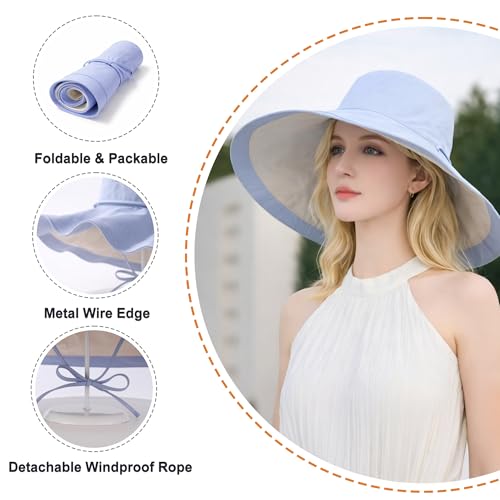 Wide Brim Sun Hat for Women Reversible Beach Hats Metal Wired Edge Gardening Hats, UPF 50+ Bucket Summer Hat - color: Blue Beige