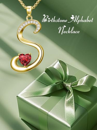 Birthday Gifts for Women 18k Gold Initial Necklaces for Women Simple Alphabets Letters with Birthstone Pendants Name Jewelry Anniversary Wedding Gifts for Sister Daughter Her (with Gift Box) - color: 01-Jan-Garnet, style: Letter S