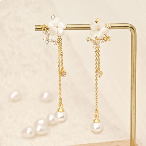 Pearl Earrings for Women, 14k Pearl Drop Dangle Earrings Gold Earrings for Women Trendy Cute Prom Bridal Earring Flower Long Earring Wedding Jewelry - color: style-4