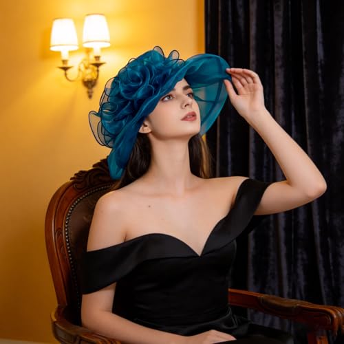 Women's Kentucky Derby Church Dress Hat Wide Brim Leaf Flower Bridal Shower Hat - color: G1-navyblue