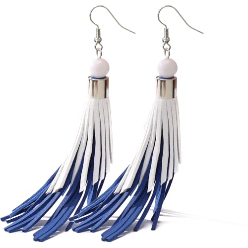 Coiris Boho Leather Layered Tassel Earrings for Women Lightweight Leather Fringe Dangle Earrings Handmade Bohemian Summer Beach Western Drop Earrings for Women - color: WhiteBlue