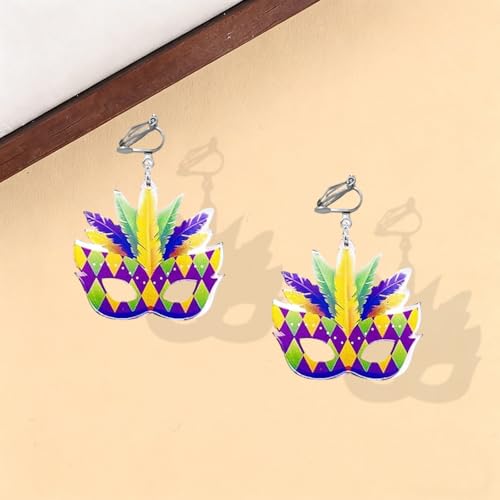 Mardi Gras Clip on Earrings for Women Boho Acrylic Parade Lette Mardi Gras Carnival Clip on Earrings Holiday Festival Jewelry Gifts Accessory - color: mask