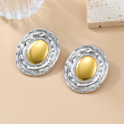 Mixed Metal Statement Earrings for Women Chunky Earrings Big Statement Large Oval Round Pebble Shape Earring Irregular Geometric Drop Dangle Earring Chunky Jewelry - style: 1 - S