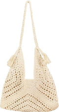 Boho Straw Bags for Women Large Woven Tote Bag Straw Beach Bag Shoulder Bags Purse Handbags Summer Straw Hobo Bag - color: Beige