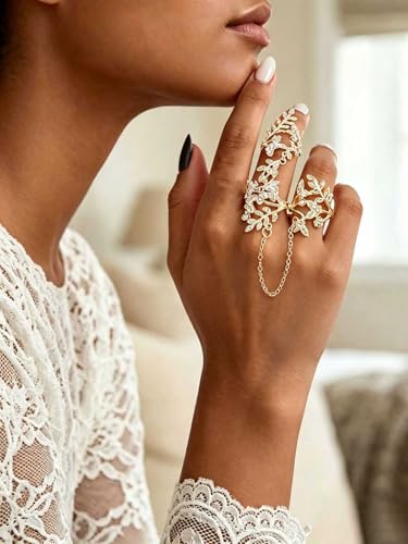 Yalice Charm Leaf Full Finger Ring Bracelets Dainty Knuckle Open Ring Harness Hand Chains Adjustable Statement Rings Jewelry for Women Gift - color: Gold-2