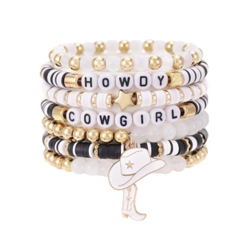 Fuqimanman2020 Boho Western Cowgirl Howdy Stackable Beaded Bracelet Set for Women Western Country Hat Boot Charms Polymer Clay Beads Bracelets Country Concert Rodeo Jewelry Gift - color: Style 1 White