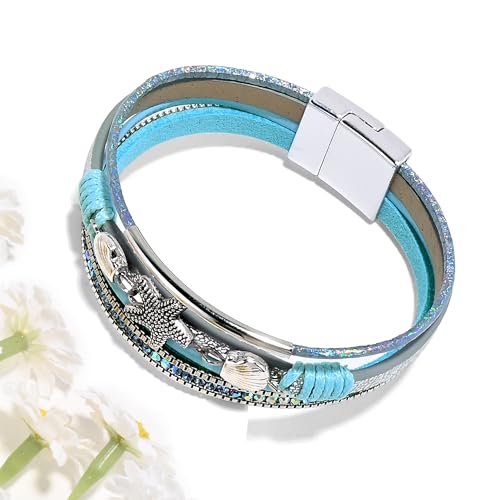 VIBILIA Boho Leather Wrap Bracelets for Women Multi-Layer Bracelets with Strong Clasp Jewelry for Women - color: 04-ShellStarfish-Blue