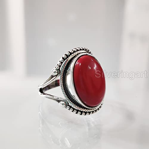 Natural Red Coral Ring, Woman's Coral Ring, Coral April Birthstone, Bohemian Band, 925 Sterling Silver, Womens Ring, Christmas, Thanksgiving, Handmade, Statement Jewelry, Natural Gemstone Ring