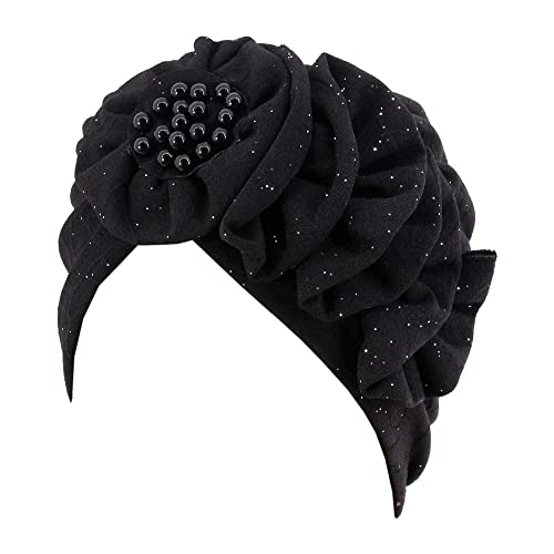 Erinaco Women Sparkle Sequin African Turban Bow Knot Pre-Tied Cap Pleated Ruffle Bonnet Beanie Hat Headwrap Skull Caps - color: Beaded Black