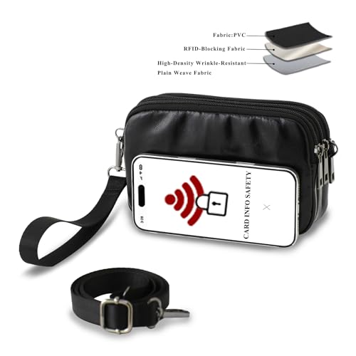 Small Wristlet Wallet for Women, 3-Zip Crossbody Phone Purse - color: Black/Pull-up-pvc