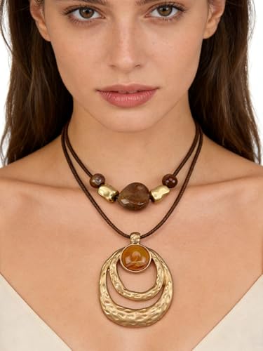 GelConnie Boho Necklaces for Women Cowgirl Necklace Stone Leather Cord Pendant Necklaces With Beads Long vintage Layered Choker Necklace - style: Brown Boho Necklace