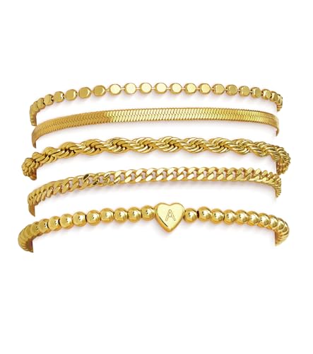 doubgood Gold Bracelets for Women Stackable, 14K Gold Plated Waterproof Bracelet Set, Dainty Adjustable Gold Bracelet Stack with Heart Initial Charm Layered Chain Jewelry Gifts for Women - color: A - Gold