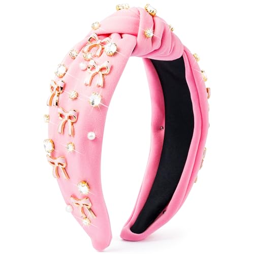 PANTIDE Coquette Pink Bow Jeweled Knotted Headband - Rhinestone Crystal Pearl Embellished Preppy Trendy Headband Wide Top Knot Non Slip Fashion Hairband Accessories Birthday Gift for Women Girl (Pink) - color: Pink Bow