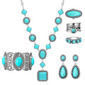 Ecally Bohemian Western Jewelry Turquoise Set Women Country Pendant Long Choker Layered Bracelets Earrings Ring for Women - color: Turquoise, style: Bright