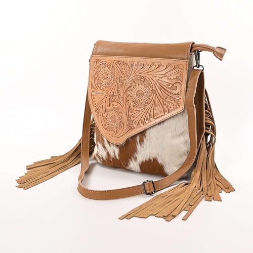 Merbaa Sunset Star Crossbody Bag - Real Cowhide Hairon Women's Handbag with Leather Fringes - color: Tan