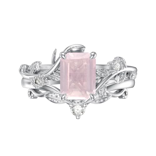 Natural Moss Agate Ring for Women 925 Sterling Silver Pear/Oval/Kite/Heart/Hexagon/Emerald/Coffin Cut Green Leaf Moss Agate Engagement Ring Promise Bridal Set Anniversary Birthday Jewelry Gifts - color: Emerald Cut Rose Quartz