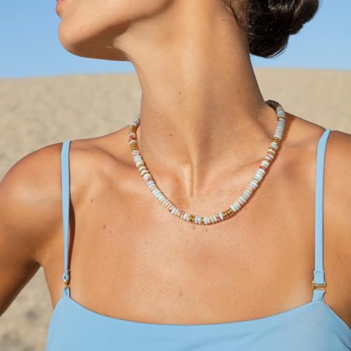 KissYan Boho Beaded Choker Necklace for Women, Gemstone Choker Natural Stone Freshwater Pearl Surfer Necklaces 14K Gold Plated Summer Beach Handmade Jewelry - color: P-Blue Red