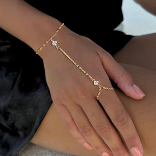 Gold Bracelets for Women Trendy, Dainty Gold Hand Chain Bracelets Stackable 14k Gold Plated Finger Ring Bracelet Hand Chain Cz Flower Layered Link Bracelets for Women Non Tarnish Jewelry Gifts - style: cz flower hand chain bracelet-gold