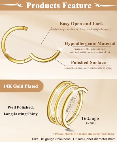 Small Cartilage Double/Triple-Hoop Helix Conch Piercing Earrings With Cubic Zirconia For Women Trendy 14K Gold Plated Titanium Surgical Stainless Steel Sets Nose Rings Hoops Septum Rings - color: 14K Gold, style: E-4Pairs-16Gauge-Triple hoop