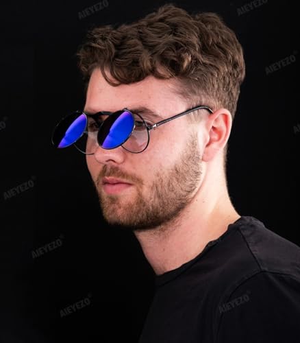 AIEYEZO Round Flip Up Sunglasses for Men and Women Rave Flip Glasses 90's Retro Steampunk Style - color: Silver/Ice Blue Mirror