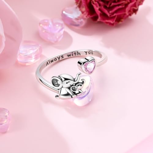 PARCOM Adjustable Women Stackable Ring, 925 Sterling Silver Open Rings - Trendy Eternity Cubic Zirconia Stackable Band Engagement Promise Ring for Her, Hypoallergenic Non Tarnish Nature Bird Floral Thumb Rings - color: Enchanted Elephant Heart