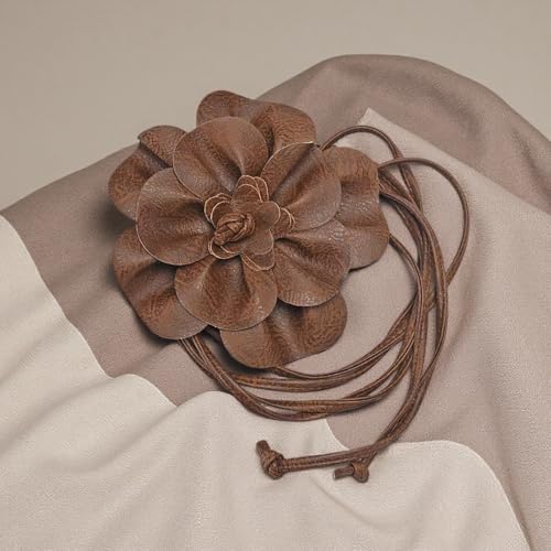 Boho Big Flower PU Leather Waist Belt Chain for Women Rose Floral Camellia Long Tassel Adjustable Waist Band Jewelry - color: Brown