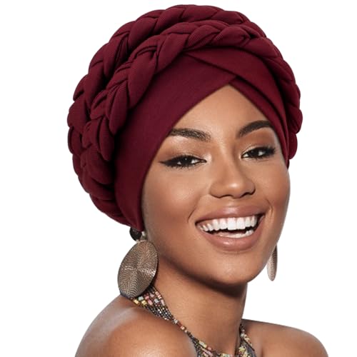 African Women Turban Caps Pre-Tied Twisted Turbans Head Scarf for Women Hair Wraps Cover Beanie Cancer Chemo Headwear - color: 1 Pack Double Twisted Braid: Red