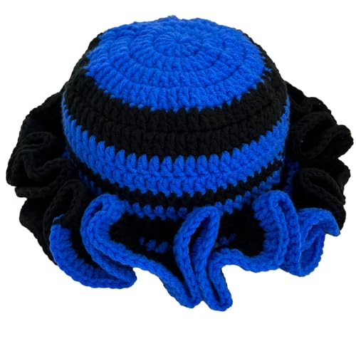 Handmade Crochet Bucket Hat for Women Boho Chic Slouchy Design Colorblock Ruffled Brim Festival&Daily Crochet Hat - color: Black and Blue Stripe