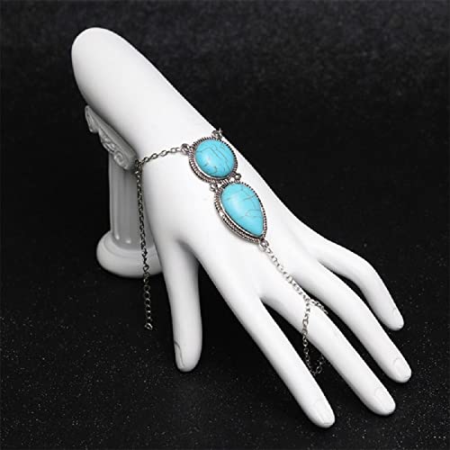 Boho Hand Chain Turquoise Finger Ring Ethnic Ring Vintage Turquoise Hand Harness Slave Bracelet Jewelry for Women
