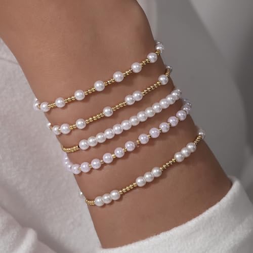 Gold Bracelets for Women 14K Gold Plated Beaded Non Tarnish Bracelets Stretch Bead Ball Bracelet Stack Set Jewelry for Gifts - color: G-SET 5PC