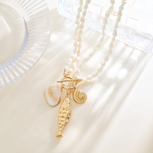 Fish Necklace for Women Chunky Beach Seashell Fish Pendant Necklace Summer Boho Fish Charm Layered Necklace Fashion Trendy Toggle Necklaces Jewelry Gifts