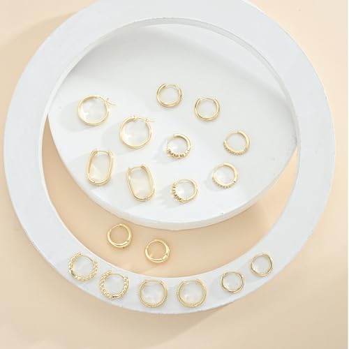9 Pairs Small Gold/Silver Hoop Huggie Earrings Set for Women, 14K Gold Plated Chunky Hoop Small Earring Hypoallergenic Thick Open Lightweight Chunky Hoop Earrings Jewelry for Gifts - color: gold-2