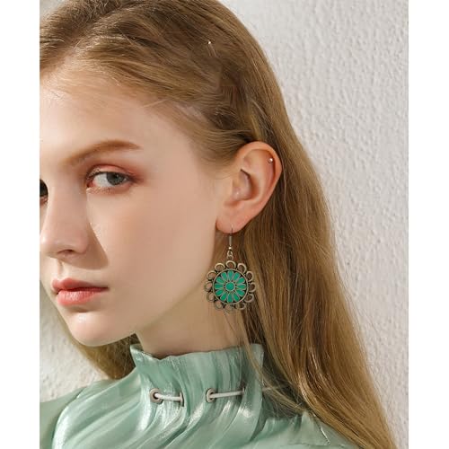 Bohemian Lightweight Vintage Copper Enamel Flower Hollow Dangle Drop Earrings Handmade Retro Circle Floral Hook Earrings For WomenJewelry Gifts - color: Green