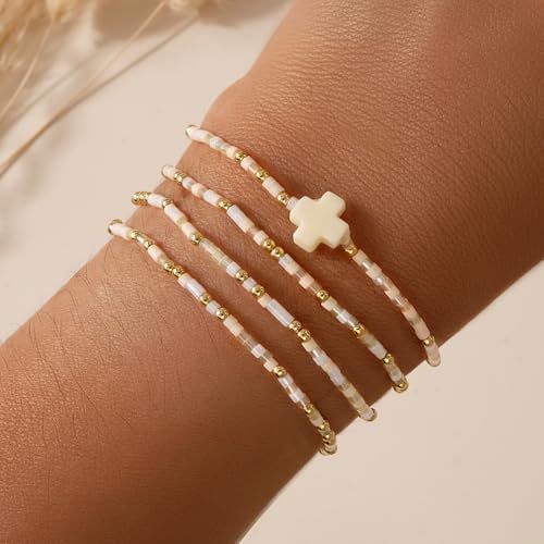 Gold Colorful Beaded Cross Bracelet Stack Set for Women,Handmade Bohemian Seed Beads Stacked Bracelets Fashion Holiday Jewelry Gift - color: Beige
