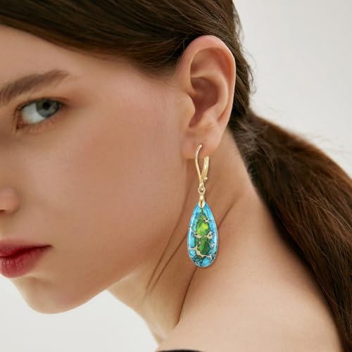 XGALBLA Boho Long Teardrop Stone Dangle Drop Earrings for Women Natural Healing Stone Leverback Earrings Statement Gold Tone - color: Green- Golden Leverback