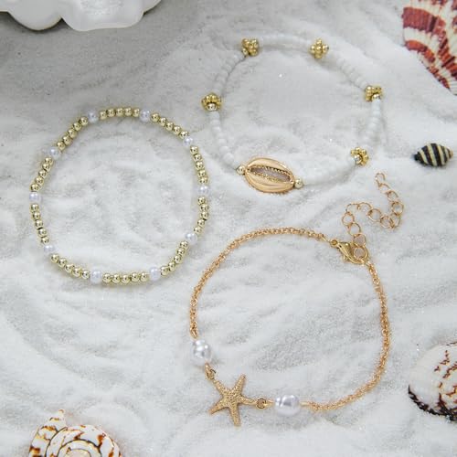 Vivian&CD Boho Shell Anklets Bracelet for Women Waterproof, Gold Layered Seashell Starfish Puka Shell Anklet, Adjustable Colorful Beaded Stack Stretch Bead Bracelet Set, Fashion Beach Foot Jewelry for Hawaii Summer Vacation - style: Starfish4