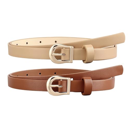HOTWILL 4 Pack Women Skinny Belts for Jeans Dress Thin Waist Belt for Ladies - color: Gold Buckle a Black Beige Brown White, size: X-Large