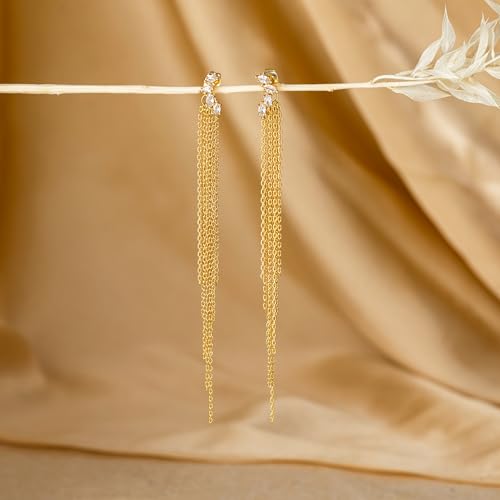 Robaice Gold Long Prom Earrings for Women, 14K Gold Plated Pearl Dangle Drop and Chain Tassel Threader Earrings Dangling，Rhinestone Zirconia Hypoallergenic Bride Party Prom Gold jewelry，Women Gifts - style: F-cz dangle drop tassel