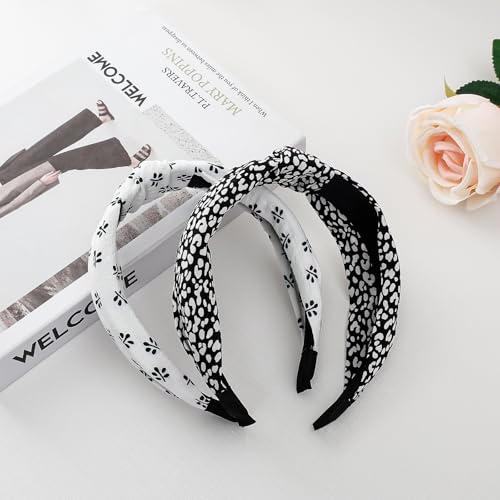 3-Piece Top Knotted Floral Pattern Headbands for Women & Girls, Cute Flower Print Knot Headband, Non Slip Fashion Hair Bands Hairbands (Black) - color: Black