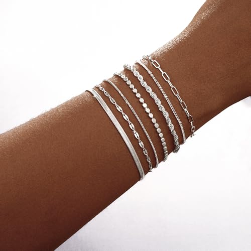 Kyerlyn Silver Bracelets for Women Trendy Waterproof Silver Dainty Bracelet Stack Adjustable Layered Bracelet Set Minimalist Fashion Jewelry