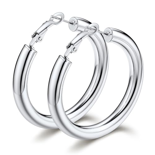 Bestyle 5mm Thick Gold Hoop Earrings Hypoallergenic Hoops for Sensitive Ears Trendy Lightweight Chunky Earrings for Women 30/40/60/80mm - color: 01-Silver, size: 40mm